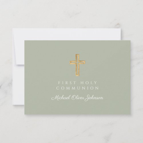 Religious Cross Sage Green First Communion  RSVP Card