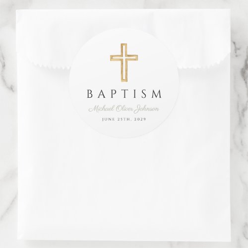 Religious Cross Sage Green Script Baptism Classic Round Sticker