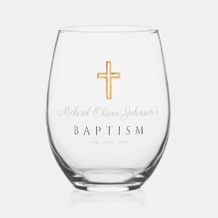 Religious Cross Sage Green Script Baptism Stemless Wine Glass