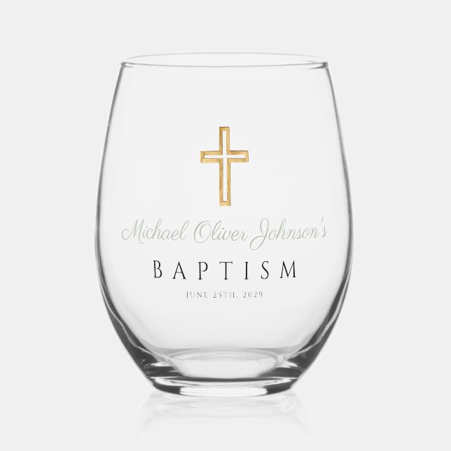 Religious Cross Sage Green Script Baptism Stemless Wine Glass (Front)