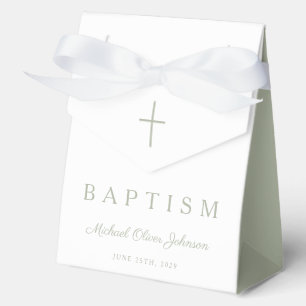 Religious Cross Sage Green Script Boy Baptism  Favor Boxes