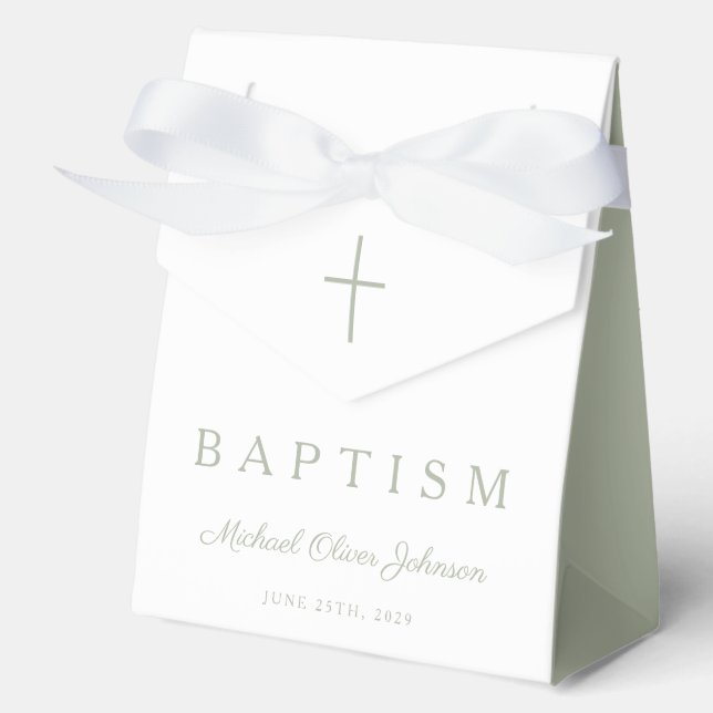 Religious Cross Sage Green Script Boy Baptism  Favor Boxes (Front)