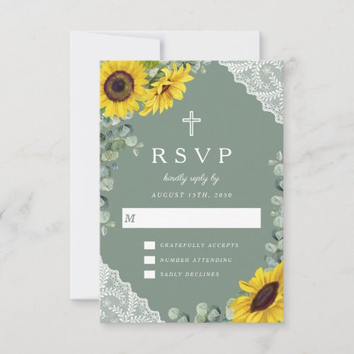 Religious Cross Sage Green Sunflower Lace Wedding  RSVP Card