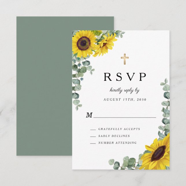 Religious Cross Sage Green Sunflower Wedding  RSVP Card (Front/Back)