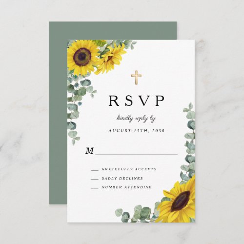 Religious Cross Sage Green Sunflower Wedding  RSVP Card
