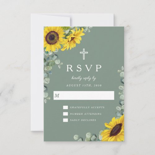 Religious Cross Sage Green Sunflower Wedding RSVP Card