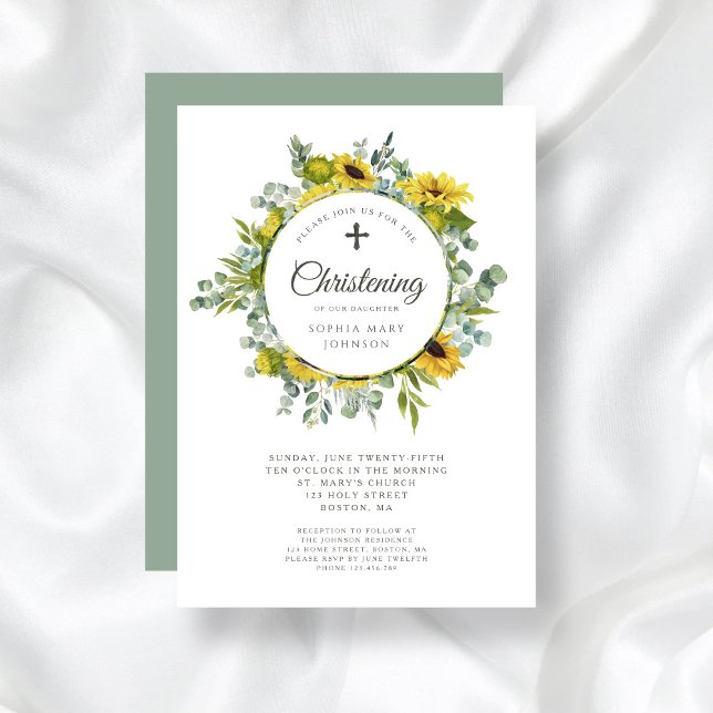 Religious Cross Sunflower Wreath Christening Invitation (Religious Cross Sunflower Wreath Christening Invitation)