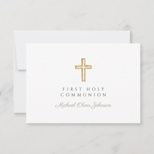 Religious Cross Taupe Boy First Communion  RSVP Card