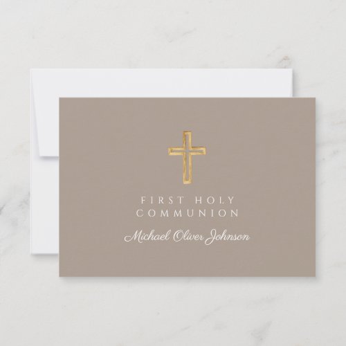 Religious Cross Taupe Boy First Communion  RSVP Card