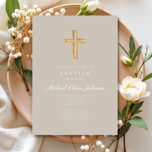 Religious Cross Taupe Script Boy Baptism Invitation