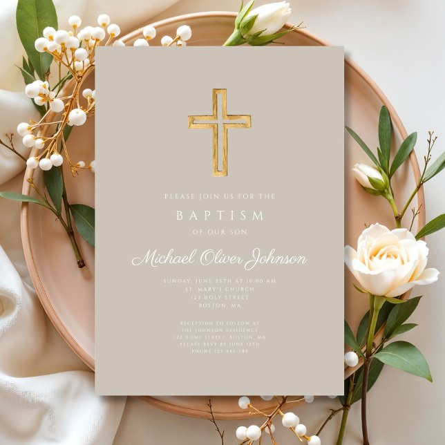 Religious Cross Taupe Script Boy Baptism Invitation (Religious Cross Taupe Script Boy Baptism Invitation)