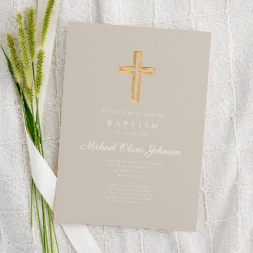 Religious Cross Taupe Script Boy Baptism Invitation