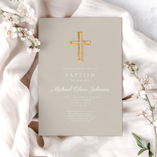 Religious Cross Taupe Script Boy Baptism Invitation