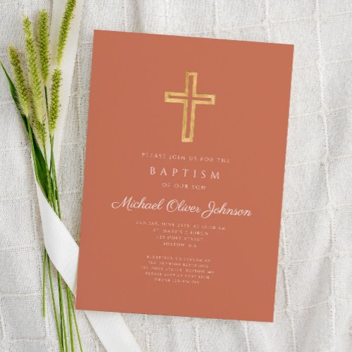 Religious Cross Terracotta Script Boy Baptism Invitation