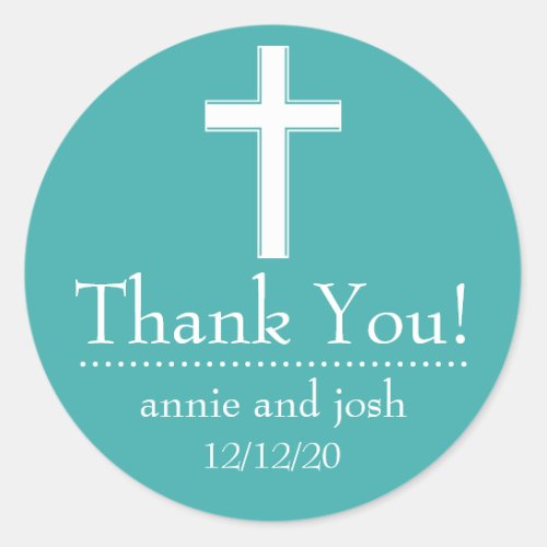 Religious Cross Thank You Labels Aqua  White