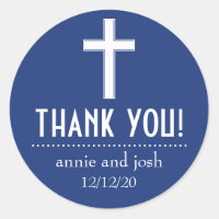 Religious Cross Thank You Labels (Navy / White) Classic Round Sticker