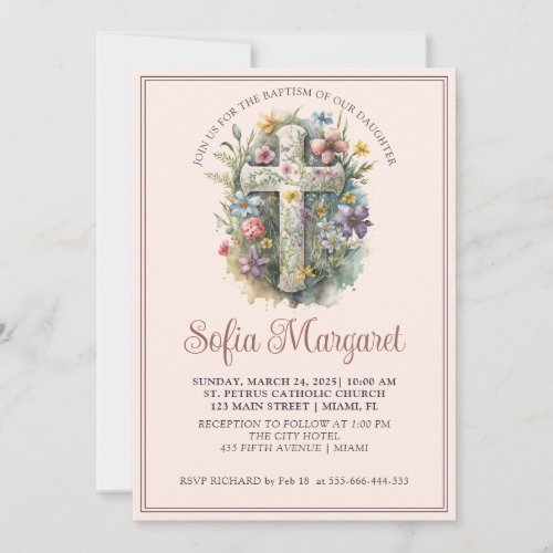 Religious Cross Watercolor Floral Girl Baptism   Invitation