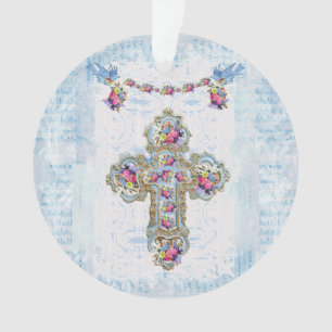 Religious Cross with Flowers and Birds Ornament