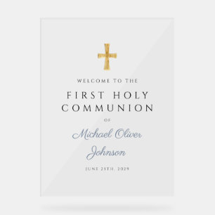 Religious Dusty Blue Boy First Communion Welcome Acrylic Sign
