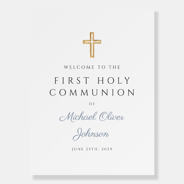 Religious Dusty Blue Boy First Communion Welcome Foam Board (Front)