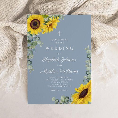 Religious Dusty Blue Floral Sunflower Wedding Invitation