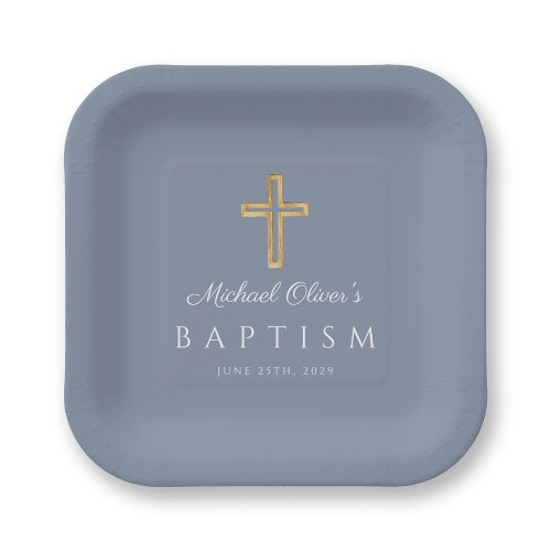 Religious Dusty Blue Script Cross Boy Baptism Paper Plates