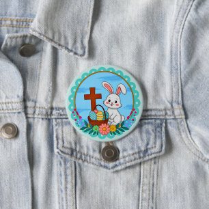 Religious Easter Bunny with Cross and Floral Egg Button