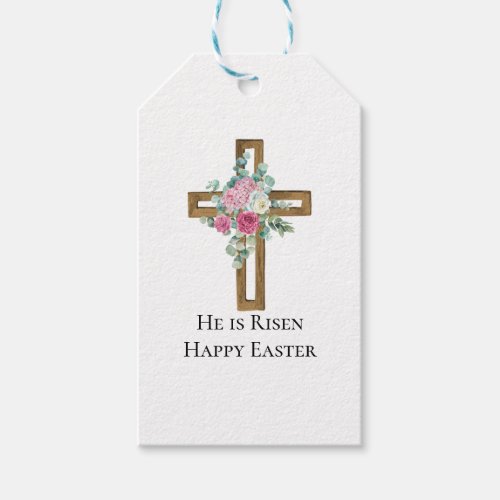 Religious Easter He is Risen Wood Cross Floral  Gift Tags