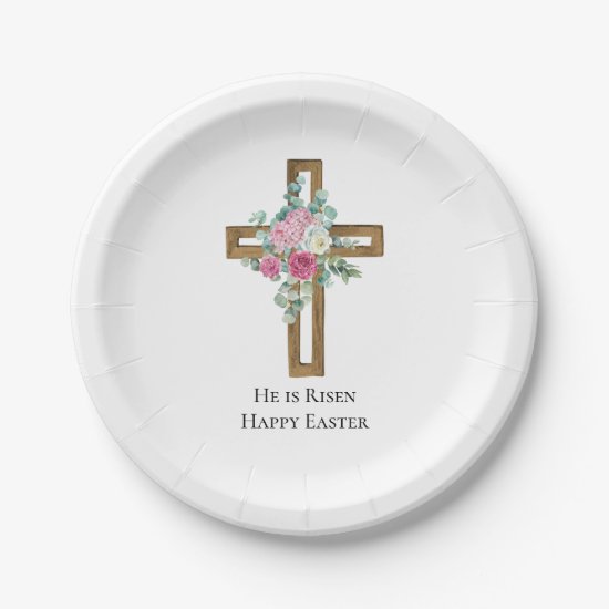 Religious Easter He is Risen Wood Cross Floral  Paper Plates