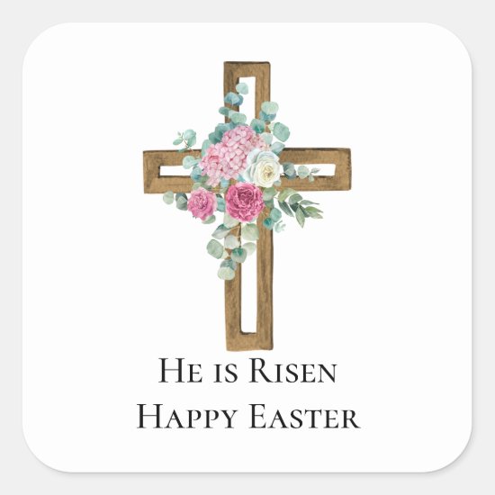 Religious Easter He is Risen Wood Cross Floral Square Sticker