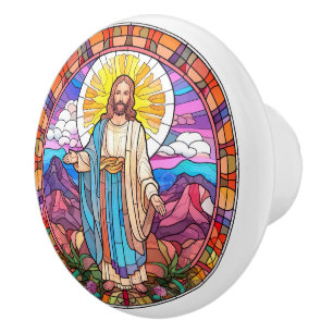 Religious elegant faux stained glass Jesus Ceramic Knob