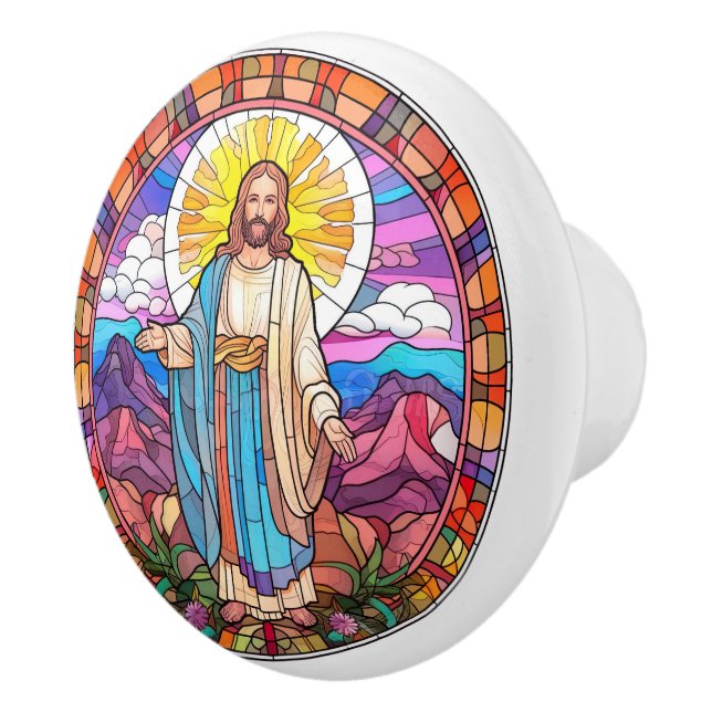 Religious elegant faux stained glass Jesus  Ceramic Knob (Right)