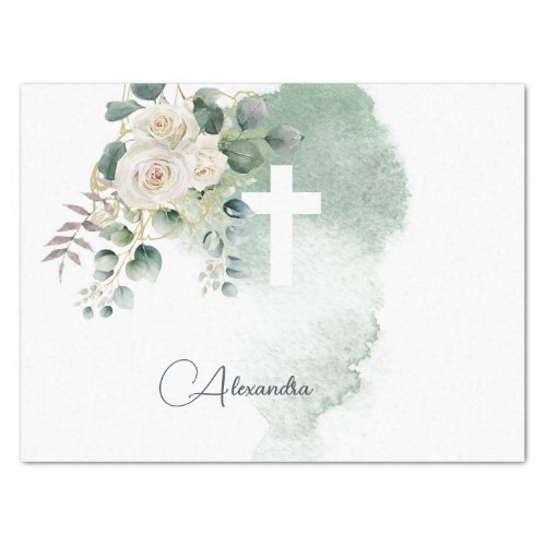 Religious Elegant Roses Green Cross Personal Tissue Paper