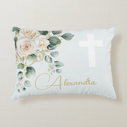 Religious Elegant Roses Green Simple Cross Accent Pillow