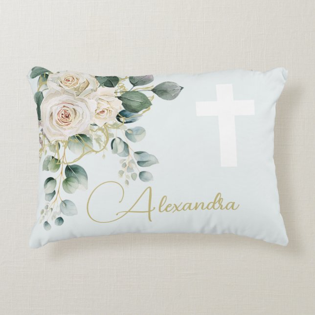 Religious Elegant Roses Green Simple Cross Accent Pillow (Front)