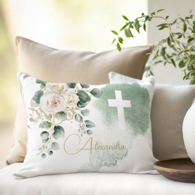 Religious Elegant Roses Green Wash Cross Accent Pillow (Creator Uploaded)