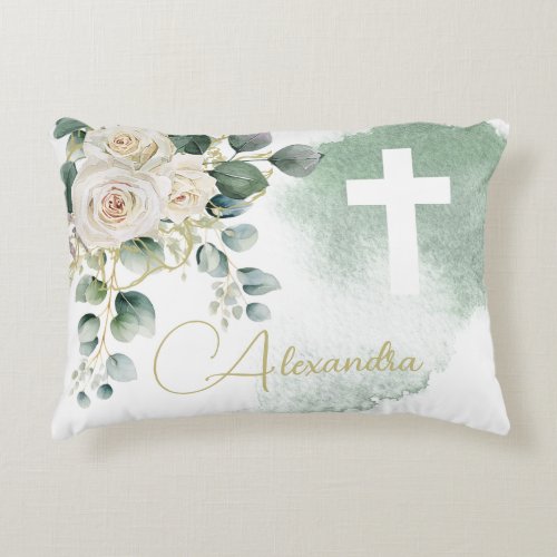 Religious Elegant Roses Green Wash Cross Accent Pillow