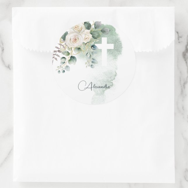 Religious Elegant Roses Green Wash Cross Classic Round Sticker (Bag)