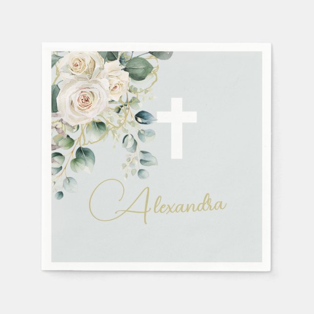 Religious Elegant Roses Green Wash Cross Napkins (Front)