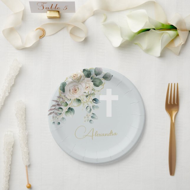 Religious Elegant Roses Green Wash Cross Paper Plates (Wedding)