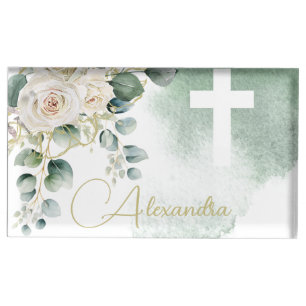 Religious Elegant Roses Green Wash Cross Place Card Holder