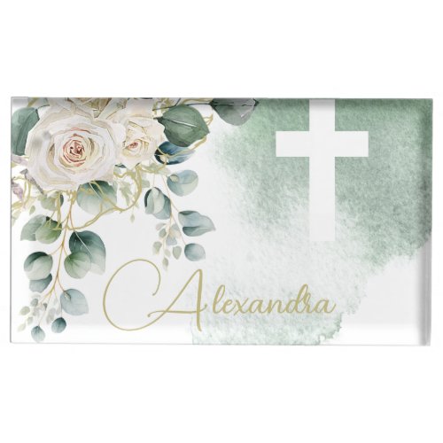 Religious Elegant Roses Green Wash Cross Place Card Holder