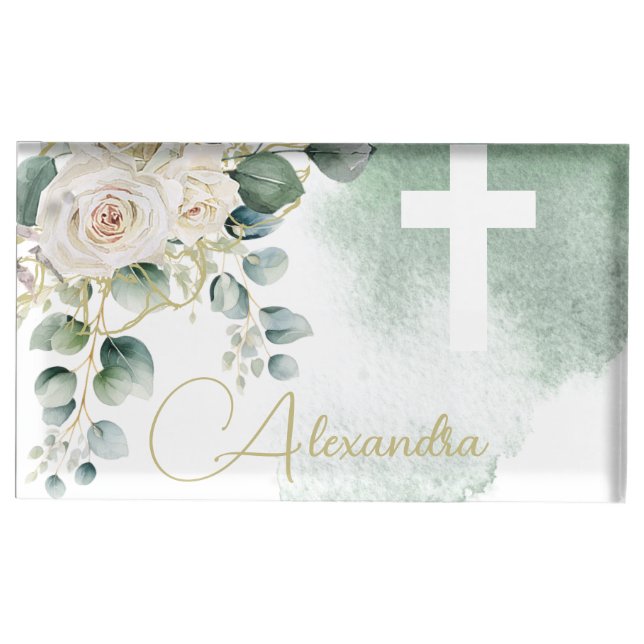 Religious Elegant Roses Green Wash Cross Place Card Holder (Front)