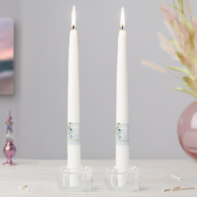 Religious Elegant Roses Green Wash Cross Taper Candle (In Situ)