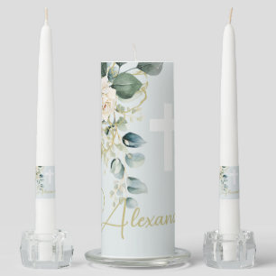 Religious Elegant Roses Green Wash Cross Unity Candle Set
