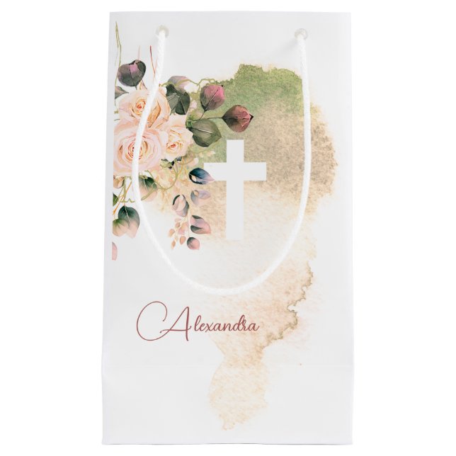 Religious Elegant Roses Pink Cross Personal Small Gift Bag (Front)