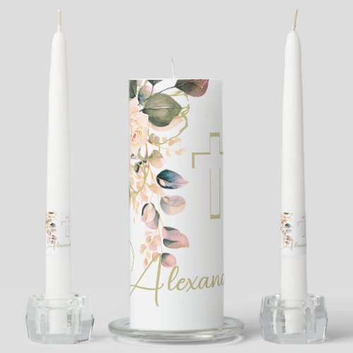 Religious Elegant Roses Pink Gold Cross Unity Candle Set