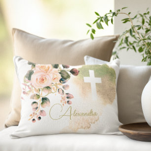 Religious Elegant Roses Pink Wash Cross Accent Pillow