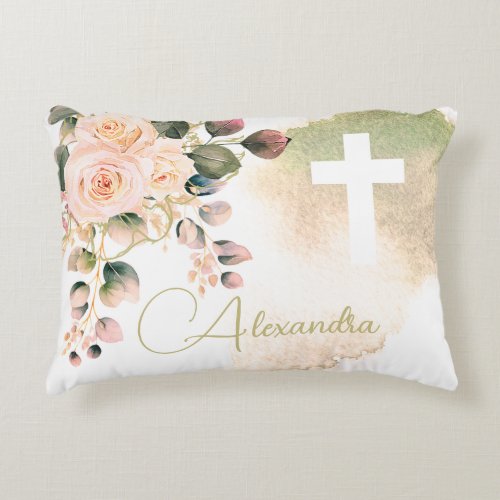 Religious Elegant Roses Pink Wash Cross Accent Pillow