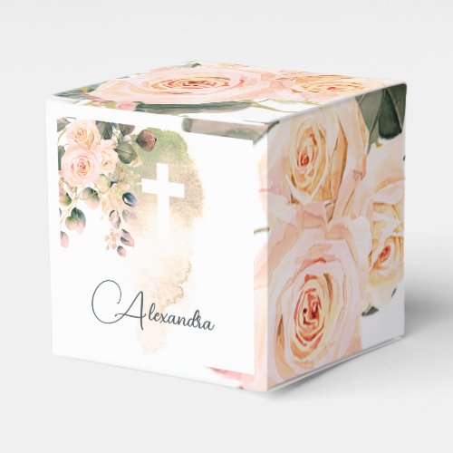 Religious Elegant Roses Pink Wash Cross Favor Boxes